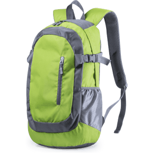 A green and grey backpack with multiple compartments and padded straps. It has a logo on the front.