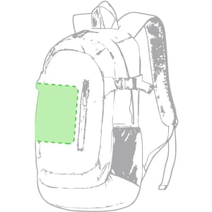A grey Densul backpack featuring a green accent pocket and adjustable straps. It has a logo on the front.