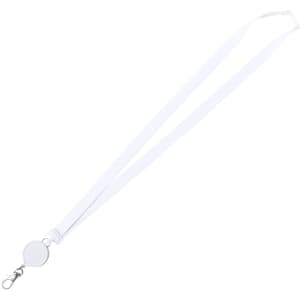 A white lanyard with a retractable badge holder and a clip at the end. It features a circular attachment.