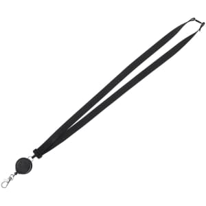 A black lanyard with a retractable badge reel attached at one end, featuring a round holder.