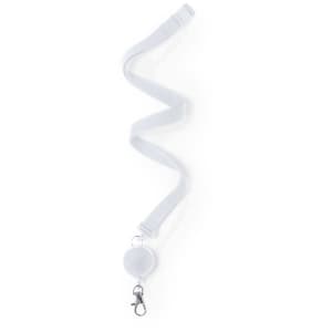 A white lanyard with a retractable badge holder and a metal clip at the end.