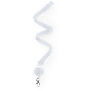 A white Lemer lanyard with a retractable badge holder and a clip for attachment.