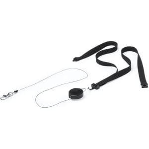 A black lanyard with a retractable reel and clip for attachment, designed for holding ID cards or keys.