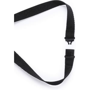 A black lanyard with an adjustable buckle and clip, featuring a simple design without additional embellishments.