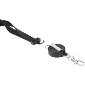 A black lanyard with a retractable reel and a metal clip for attaching items, designed for events and exhibitions.