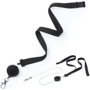 A black lanyard with a retractable badge holder and clips, designed for events and exhibitions.