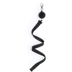 A black lanyard with a retractable reel and clip, designed for holding ID cards or badges.
