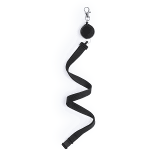 A black lanyard with a retractable badge holder and a metal clip. It features a smooth, flat strap design.