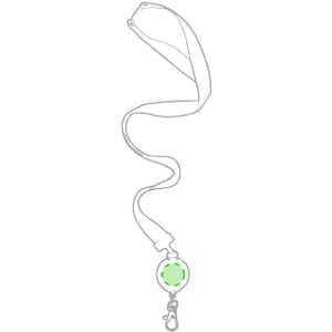 A green lanyard with a clip at the end, suitable for holding ID cards or badges.