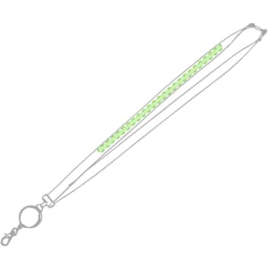 A lanyard featuring a green reflective strip, with a clasp on one end and a smooth fabric surface.