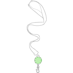 A green lanyard featuring a circular attachment at the end and a clip for secure fastening.