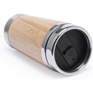 A travel mug with a bamboo exterior and stainless steel trim, featuring a black lid and a branded logo.