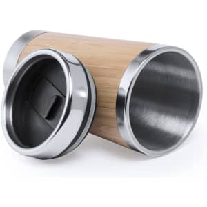 An insulated travel mug featuring a bamboo exterior and stainless steel accents. Includes a removable lid.