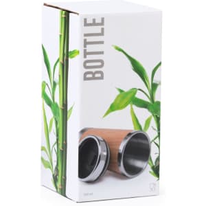 A drink bottle in a cardboard box with bamboo design, featuring a sleek stainless steel interior and a logo.
