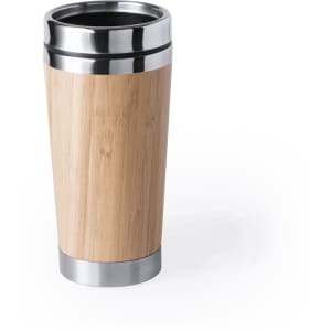 An insulated travel mug featuring a bamboo design with metallic accents. It has a sleek, modern appearance.
