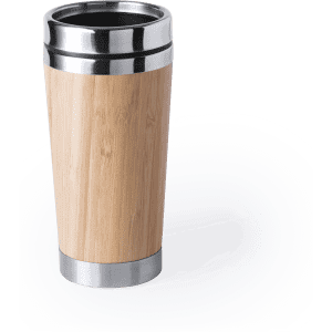A travel mug featuring a bamboo exterior and stainless steel accents. It has a sleek, modern design and a logo.