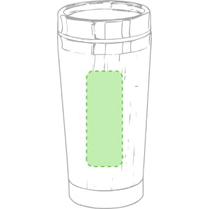 An insulated travel mug with a green accent area, featuring a lid and a sleek design. It has a logo on it.