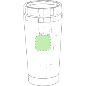 A stainless steel insulated cup with a lid, featuring a green square in the middle and a logo.