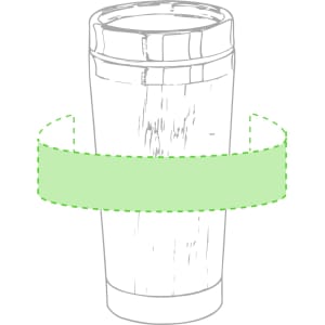 An insulated travel mug with a cylindrical shape, featuring a lid and a green band around its middle.