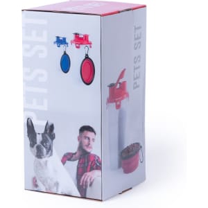 A boxed pet accessory set featuring a drink bottle, food container, and two clips in red and blue.