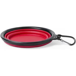 A set of three collapsible pet bowls in red and black, featuring a carabiner for easy attachment.