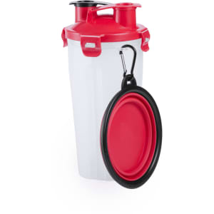 A drink bottle in white with a red lid, featuring a black and red collapsible pet bowl attached with a carabiner.
