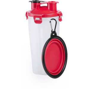 A white drink bottle with a red lid and spout, featuring a black collapsible bowl attached by a clip.