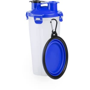 A drink bottle in white and blue, featuring a lid and a detachable black drinker bowl. Includes a carabiner for easy carrying.
