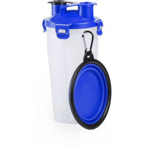 A white and blue drink bottle with a clip and a blue bowl attached, featuring a logo.