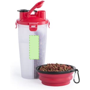 A red pet food and water shaker with a detachable bowl, featuring a lid and a branding logo.