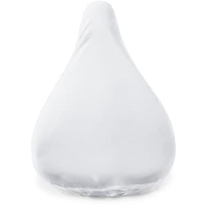 A white saddle cover with a smooth surface and a fitted design, featuring a logo on it.