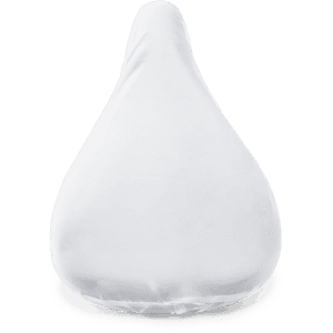 A white saddle cover with a smooth, rounded shape, featuring a logo. Suitable for leisure and outdoor use.