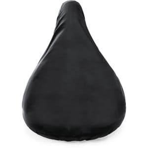 A black saddle cover with a smooth surface, designed to protect bicycle seats. Features a simple design and a branded logo.
