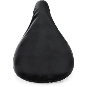 A black saddle cover with a smooth texture, featuring a logo on its surface.