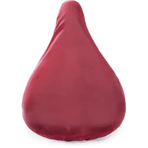 A red saddle cover with a smooth texture, featuring a logo, designed for outdoor use.