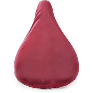 A red saddle cover with a smooth, contoured shape, featuring a logo. Designed for outdoor leisure activities.