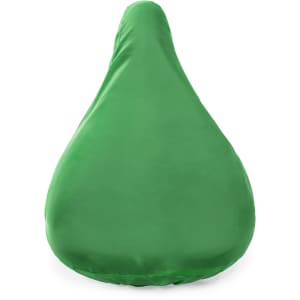 A green saddle cover with a smooth, rounded shape, designed for outdoor use. The cover features a logo.