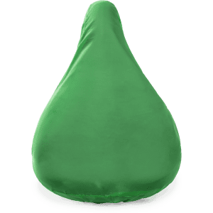 A green saddle cover with a smooth texture and a simple design. It features a logo on the side.