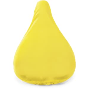 A yellow saddle cover with a smooth, water-resistant surface, featuring a logo on the side.