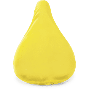 A yellow saddle cover with a smooth, contoured shape, designed for outdoor use. It features a logo.