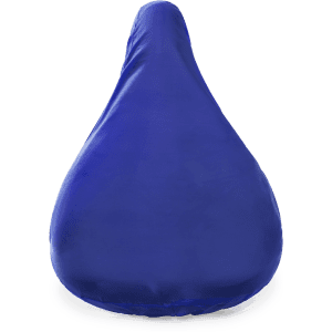 A blue saddle cover with a smooth surface and a drop-shaped design, featuring a logo or branding.