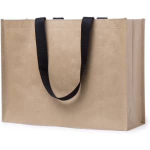 A reusable grocery bag in a tan colour with black handles, featuring a simple design.