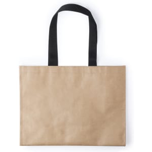 A reusable grocery bag in brown, featuring black handles and a simple design. It has a logo on one side.