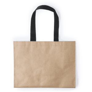 A reusable grocery bag in a tan colour with black handles, featuring a simple design and a logo.