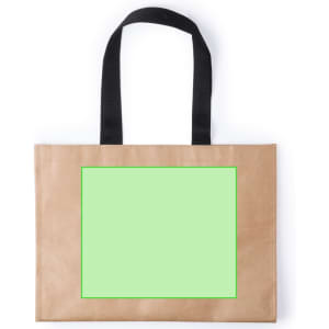 A reusable grocery bag in brown with black handles and a blank green area for customisation.