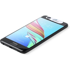 A smartphone featuring a Nambus Webcam Cover, mainly black with a colourful screen display, and a logo on the cover.