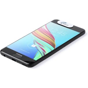 A smartphone featuring a round webcam cover, primarily in black with a colourful screen display, and a branding logo on top.