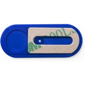 A blue webcam cover with a sliding mechanism and a partially transparent section. It features a logo.