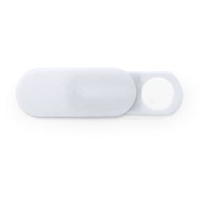 A white webcam cover with a slide mechanism, designed for privacy protection. It has a circular opening and a smooth finish.