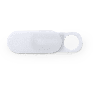 A white webcam cover with a circular opening for lens coverage. It features a minimalist design and has a branding logo.